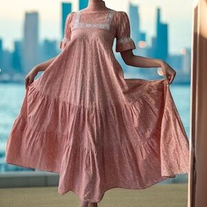 RARE Early 1970s Laura Ashley Maxi Dress |PEACH Floral Lace Yoke High Neck US 12